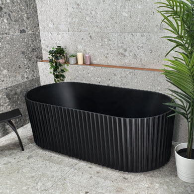 Agora Groove 1500mm off the wall bathtub in matte black, top down view