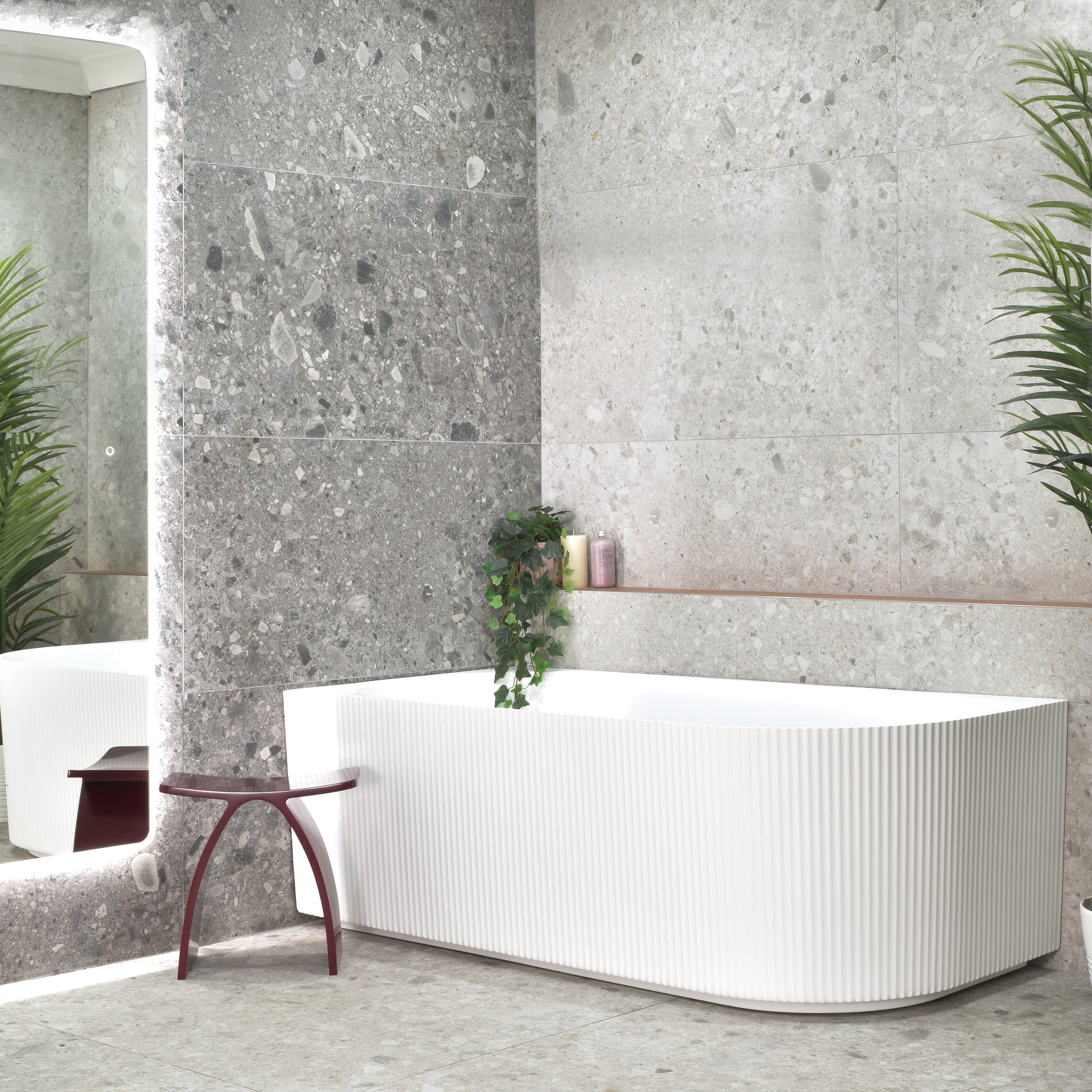 Brighton Groove 1500mm Fluted Left Corner Freestanding Bath, Matte Whi ...