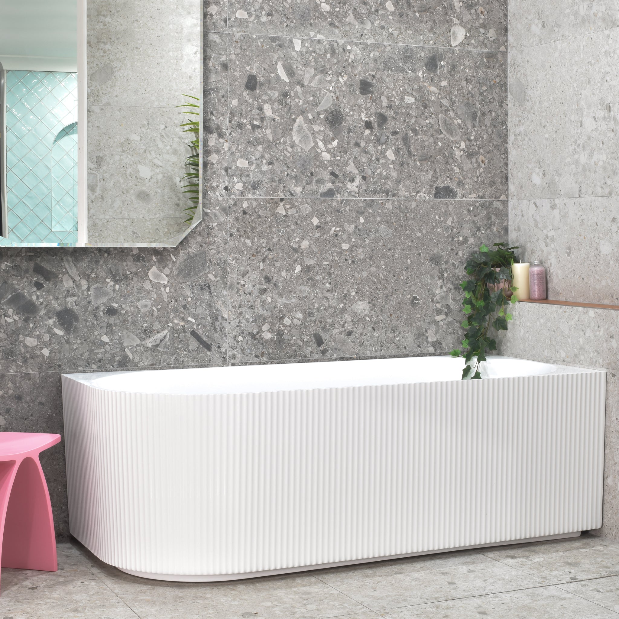 Brighton Groove 1700mm Fluted Right Corner Freestanding Bath, Matte Wh ...