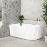 Agora Groove 1700mm left corner bathtub in gloss white, angled side view
