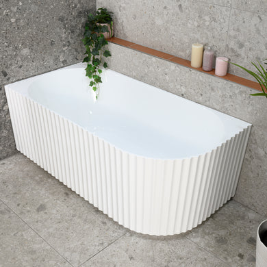 Agora Groove 1700mm left corner bathtub in gloss white, angled top down view