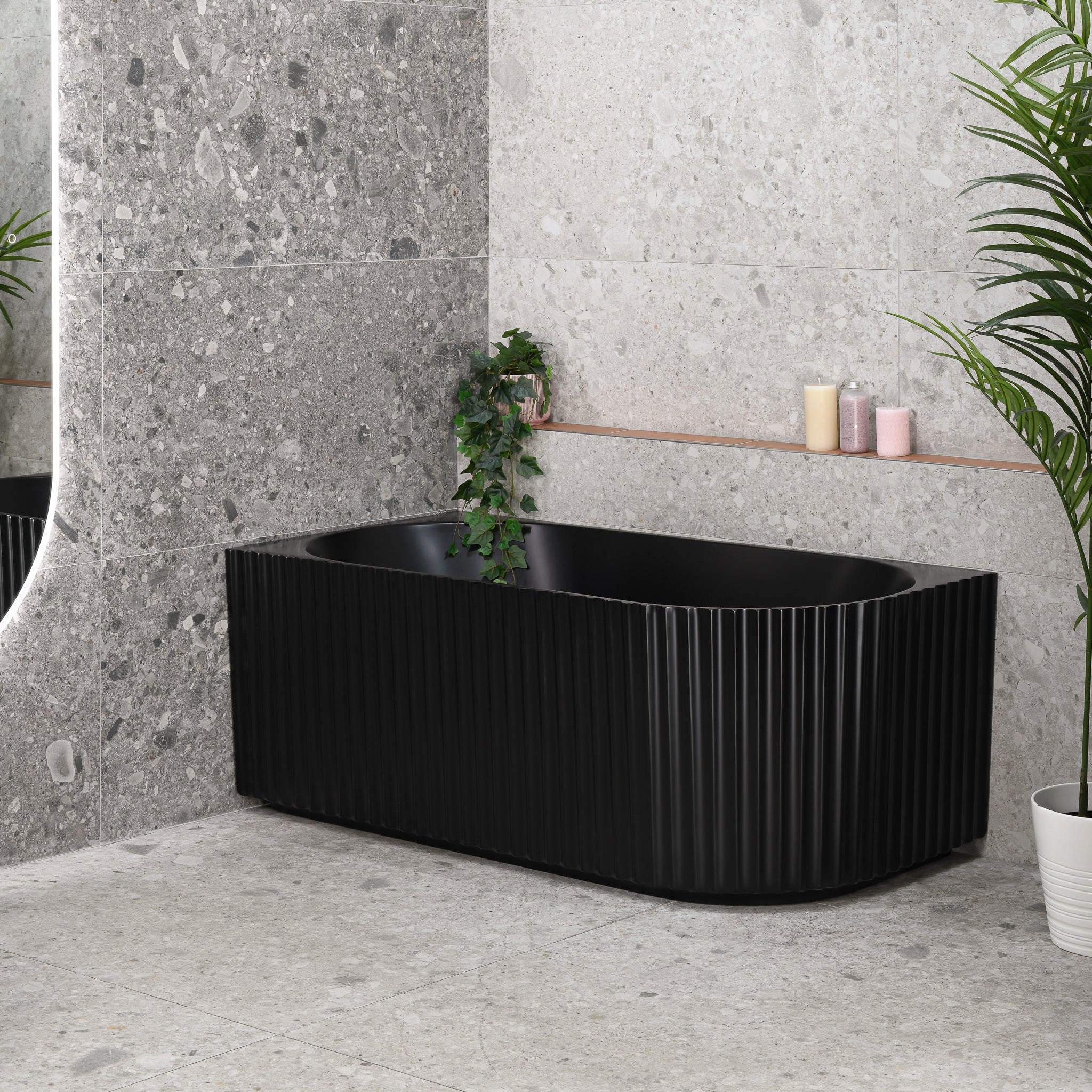 Agora Groove 1500mm Fluted Left Corner Freestanding Bath, Matte Black