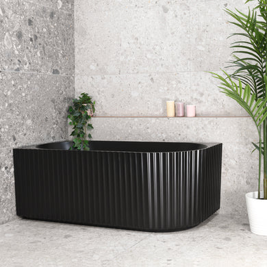 Agora Groove 1500mm left corner bathtub in matte black, angled front view