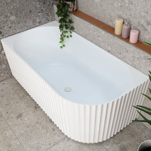 Agora Groove 1500mm Fluted Left Corner Freestanding Bath, Matte White