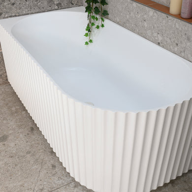 Agora Groove 1500mm left corner bathtub in matte white, top down view