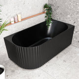 Agora Groove 1500mm right corner bathtub in matte baclk, angled top down view
