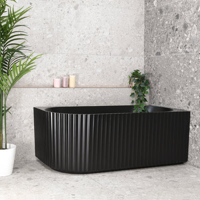 Agora Groove 1500mm right corner bathtub in gloss matte white, angled front view