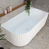 Agora Groove 1500mm right corner bathtub in matte white, top down view