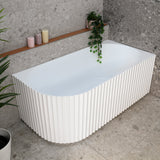 Agora Groove 1500mm right corner bathtub in matte white, angled top down view