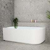 Agora Groove 1700mm left corner bathtub in gloss white, angled front view