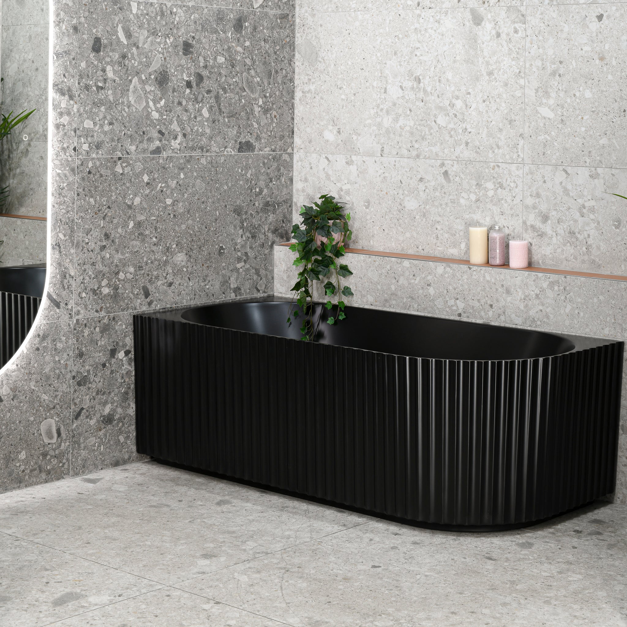 Agora Groove 1700mm Fluted Left Corner Freestanding Bath, Matte Black