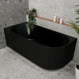 Agora Groove 1700mm left corner bathtub in matte black, angled top down view