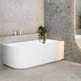 Agora Groove 1700mm right corner bathtub in gloss white, angled side view