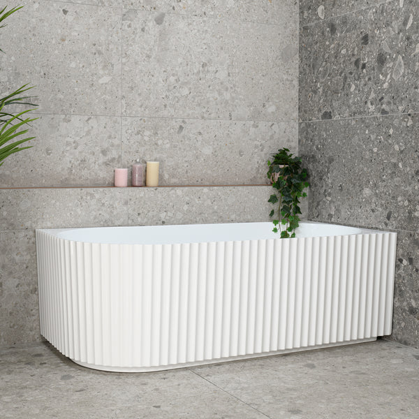 Agora Groove 1700mm Fluted Right Corner Freestanding Bath, Gloss White