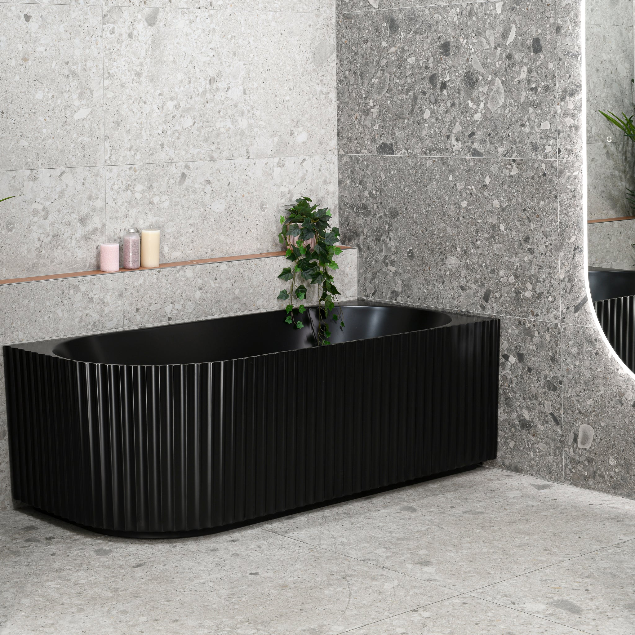 Agora Groove 1700mm Fluted Right Corner Freestanding Bath, Matte Black