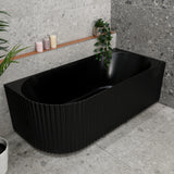 Agora Groove 1700mm right corner bathtub in matte black, angled top down view