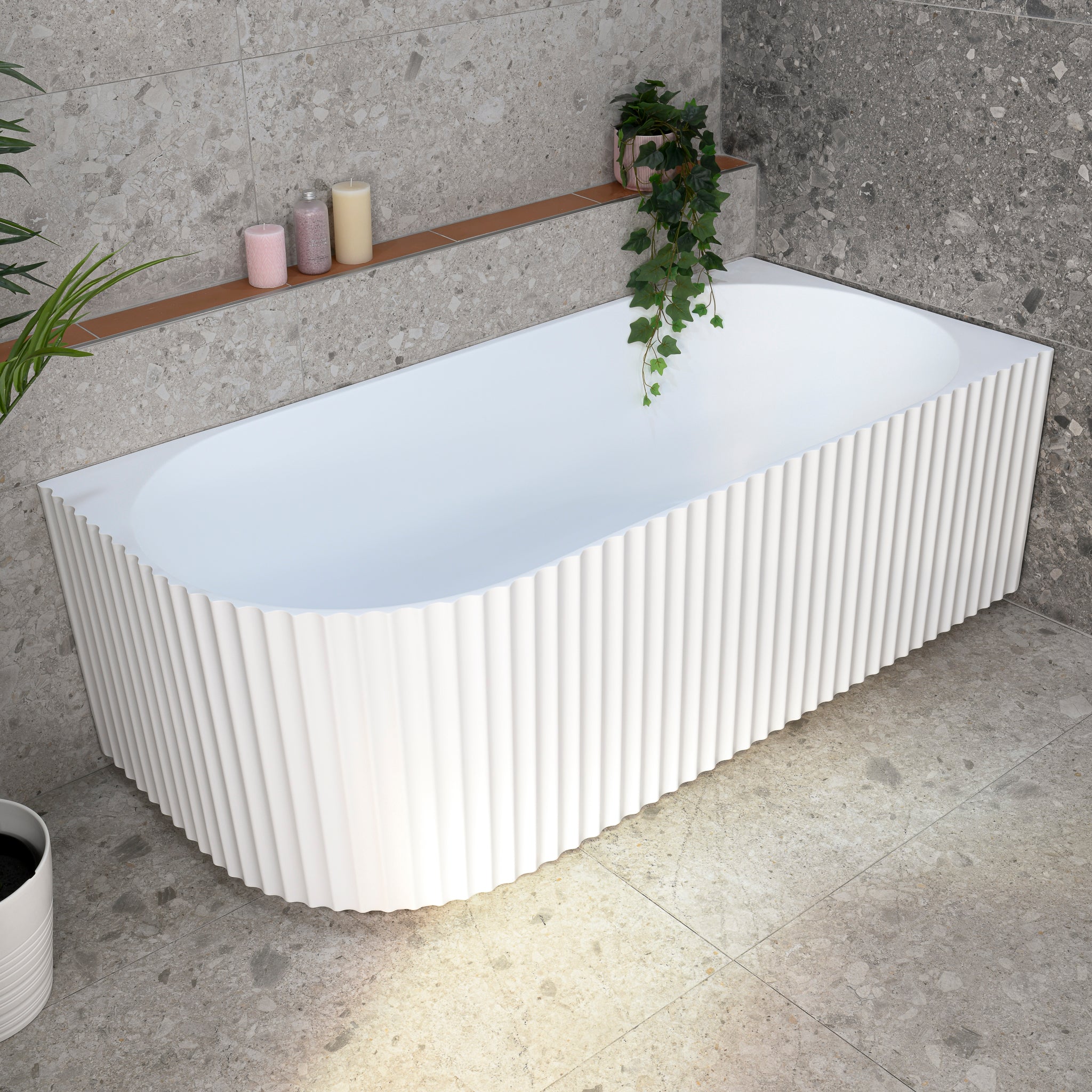 Agora Groove 1700mm Fluted Right Corner Freestanding Bath, Matte White