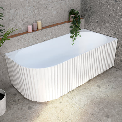 Agora Groove 1700mm right corner bathtub in matte white, angled top down view
