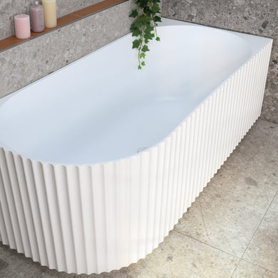 Agora Groove 1700mm right corner bathtub in matte white, top down view