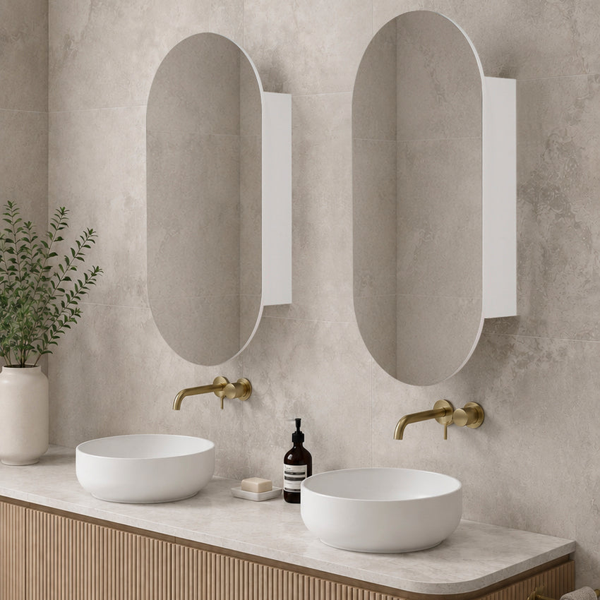 Pill Oval 500mm x 1000mm Mirrored Shaving Cabinet, Matte White