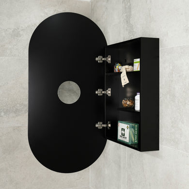 Pill Oval 600mm x 1200mm Mirrored Shaving Cabinet, Matte Black