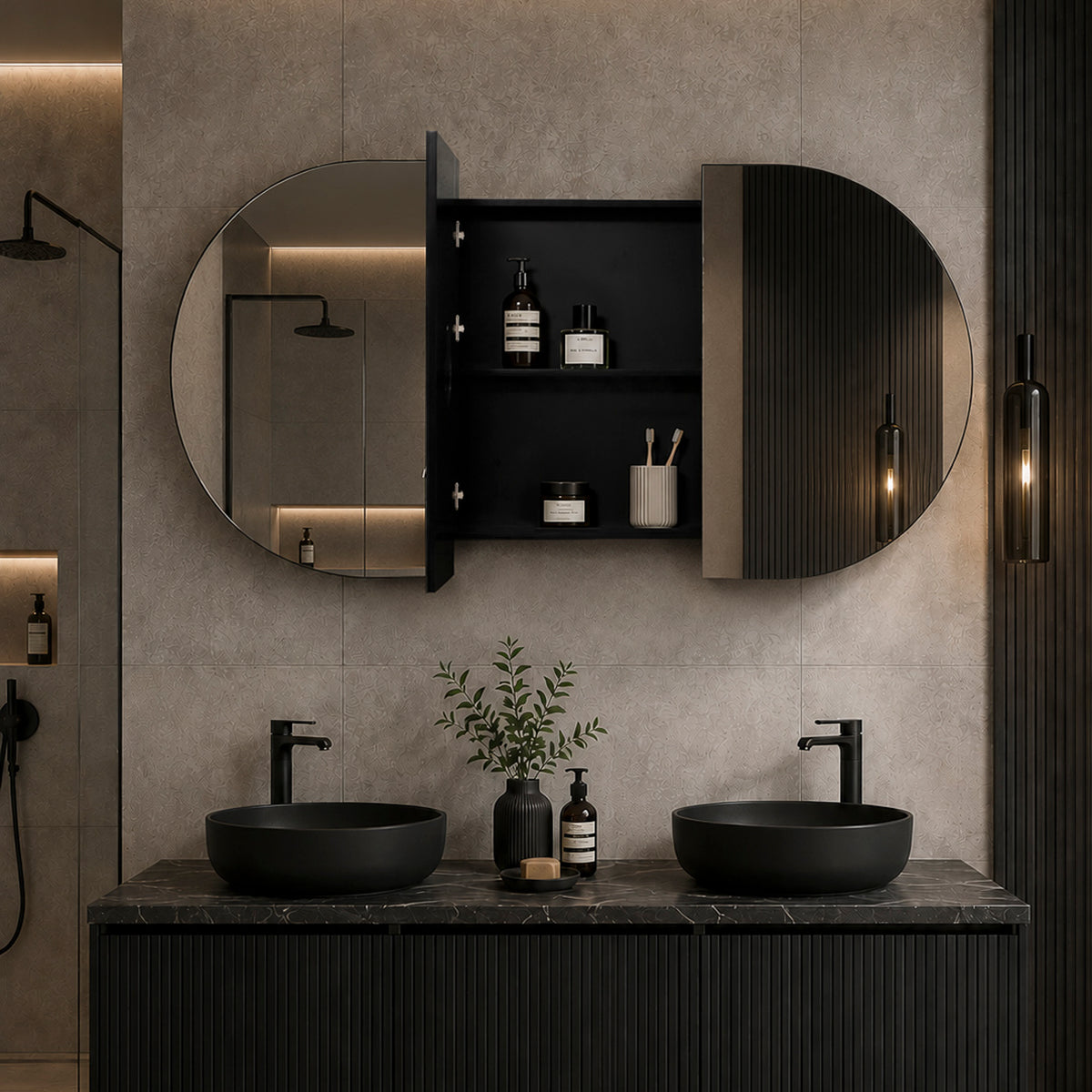 Pill Oval 1800mm x 900mm Mirrored Shaving Cabinet, Matte Black