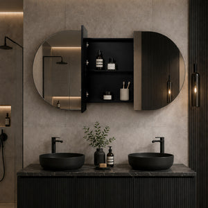 Pill Oval 1800mm x 900mm Mirrored Shaving Cabinet, Matte Black