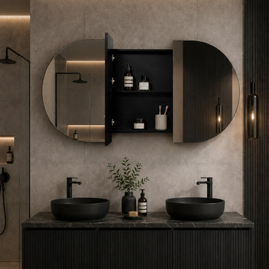 Pill Oval 1800mm x 900mm Mirrored Shaving Cabinet, Matte Black