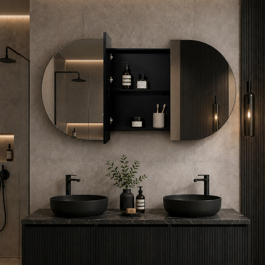 Pill Oval 1800mm x 900mm Mirrored Shaving Cabinet, Matte Black