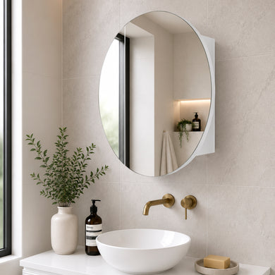 Circa Round 900mm Mirrored Shaving Cabinet, Matte White