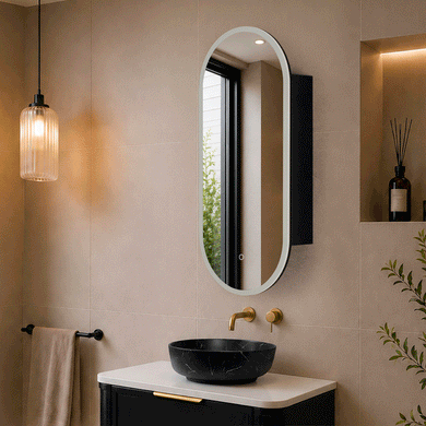 Pill Oval 400mm x 900mm Frontlit LED Mirrored Shaving Cabinet, Matte Black