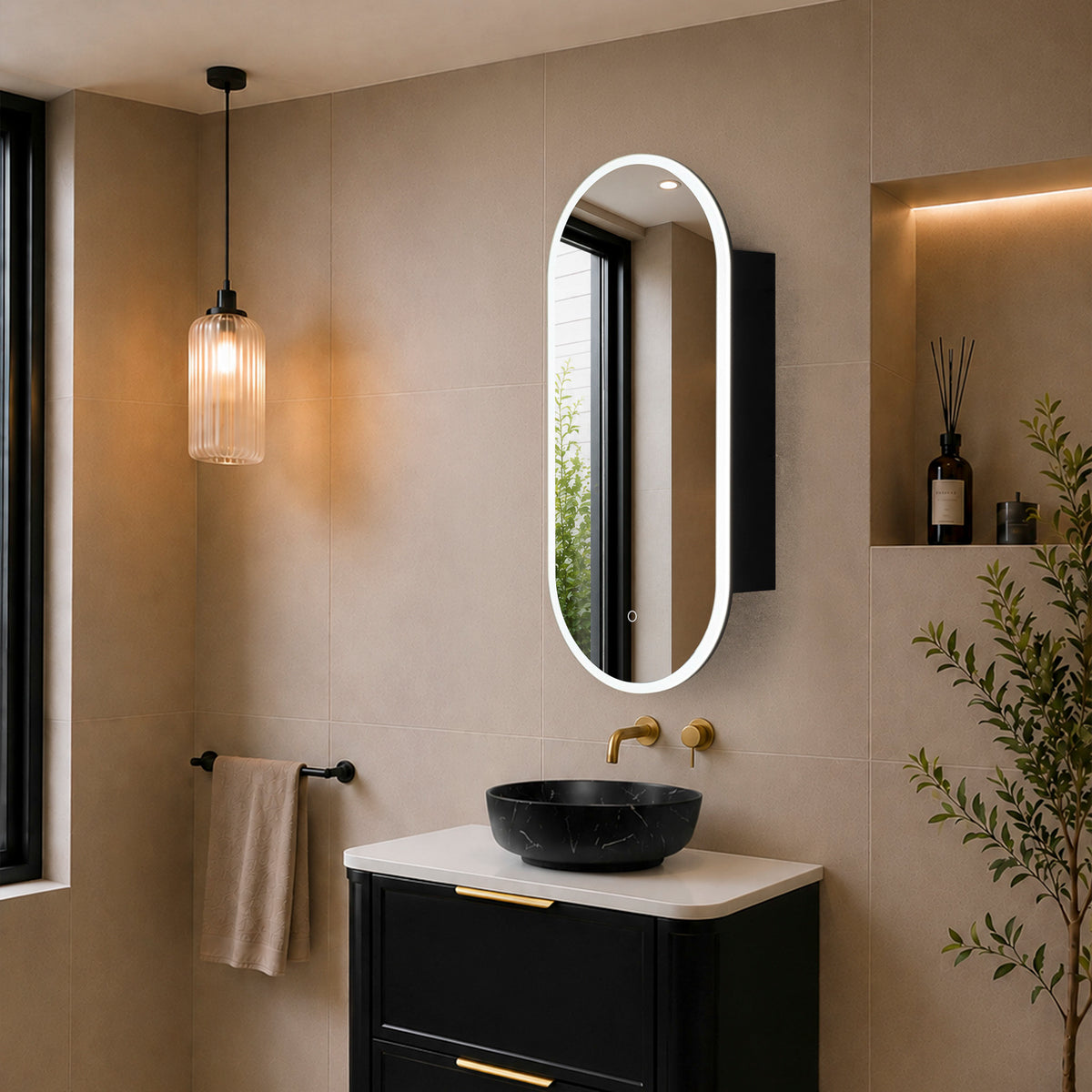 Pill Oval 400mm x 900mm Frontlit LED Mirrored Shaving Cabinet, Matte Black