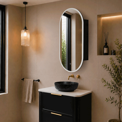 Pill Oval 500mm x 1000mm Frontlit LED Mirrored Shaving Cabinet, Matte Black