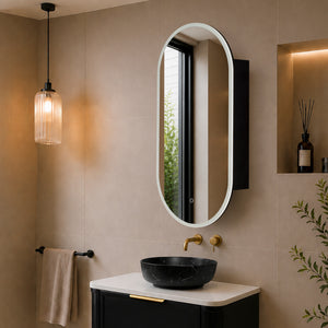 Pill Oval 500mm x 1000mm Frontlit LED Mirrored Shaving Cabinet, Matte Black