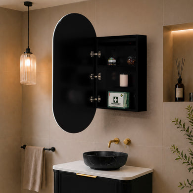 Pill Oval 500mm x 1000mm Frontlit LED Mirrored Shaving Cabinet, Matte Black