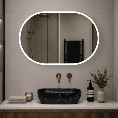 Pill Oval 900mm x 600mm Frontlit LED Mirrored Shaving Cabinet, Matte Black