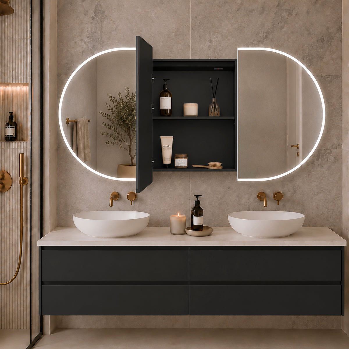 Pill Oval 1800mm x 900mm Frontlit LED Mirrored Shaving Cabinet, Matte Black