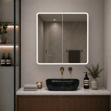 Retti Rectangular 750mm x 750mm Frontlit LED Mirrored Shaving Cabinet, Matte Black