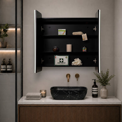 Retti Rectangular 750mm x 750mm Frontlit LED Mirrored Shaving Cabinet, Matte Black