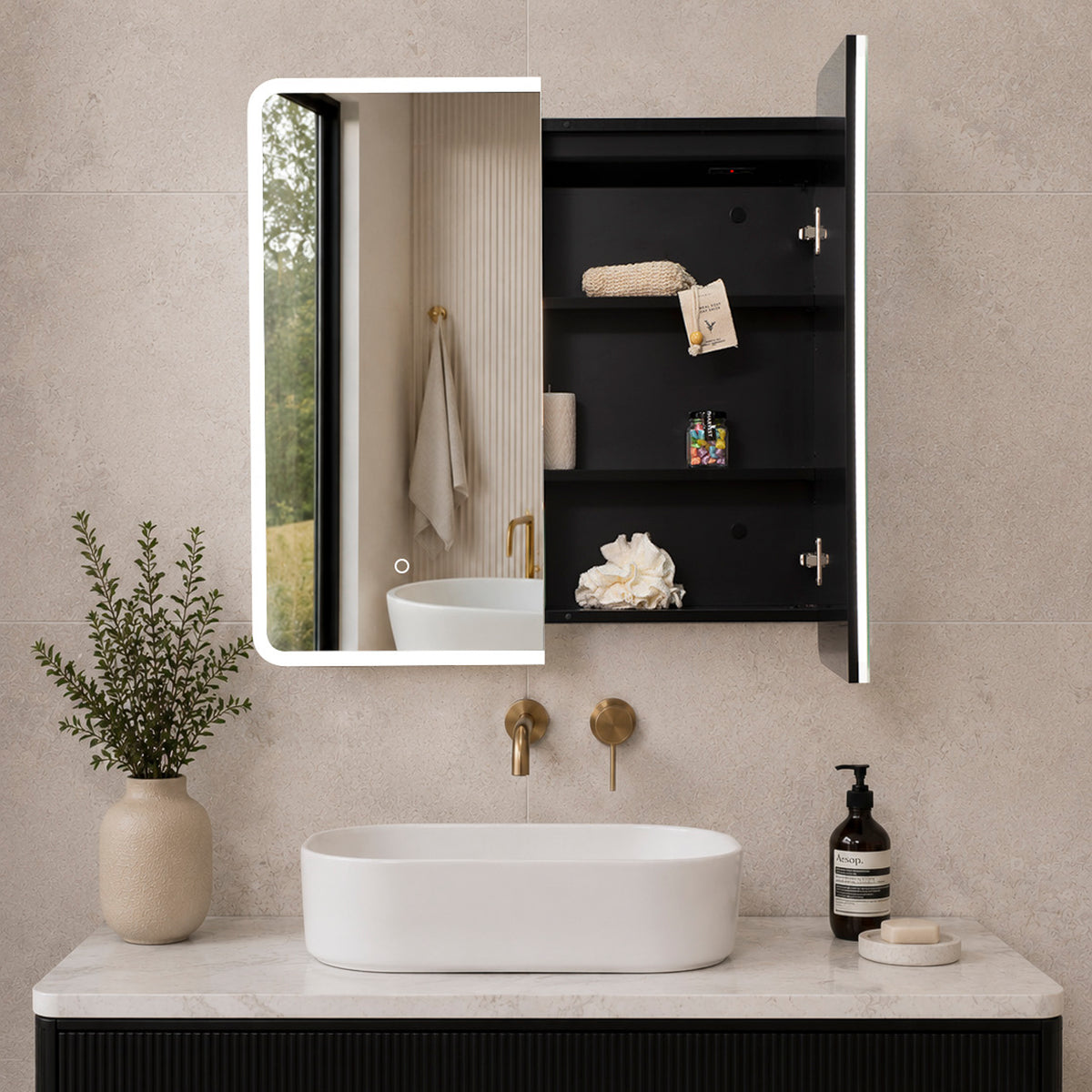 Retti Rectangular 750mm x 750mm Frontlit LED Mirrored Shaving Cabinet, Matte Black
