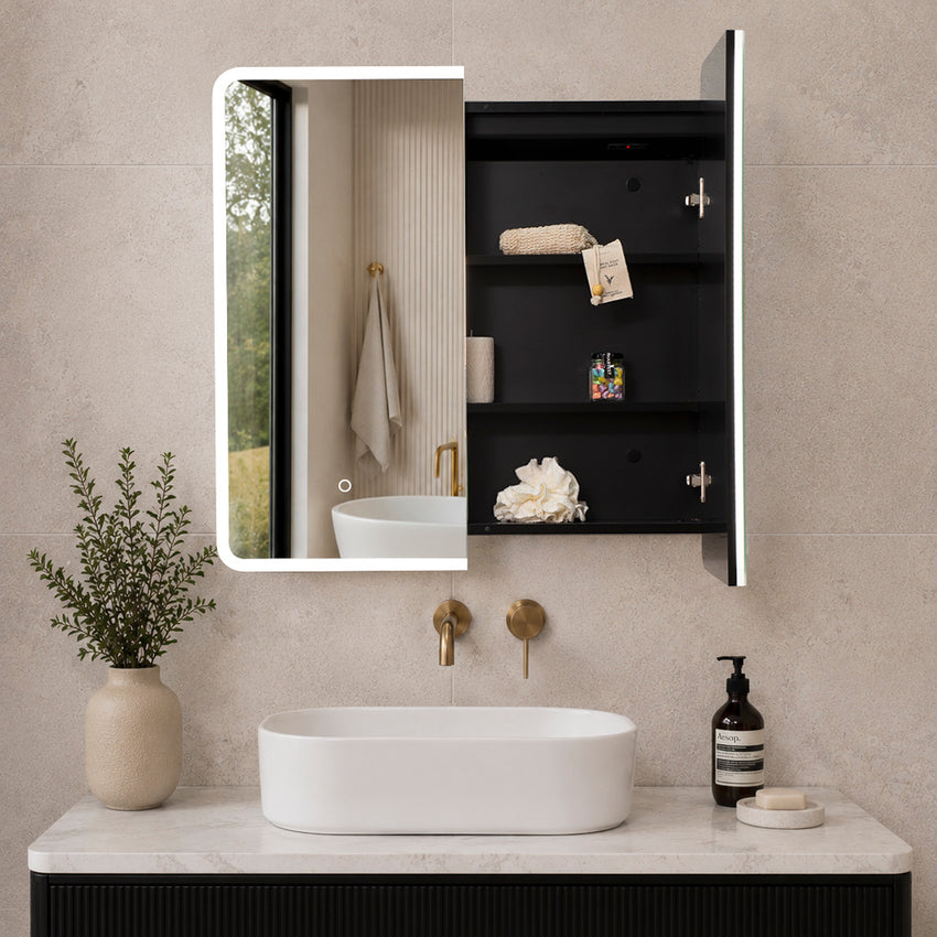 Retti Rectangular 750mm x 750mm Frontlit LED Mirrored Shaving Cabinet, Matte Black