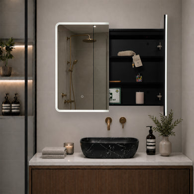 Retti Rectangular 900mm x 750mm Frontlit LED Mirrored Shaving Cabinet, Matte Black