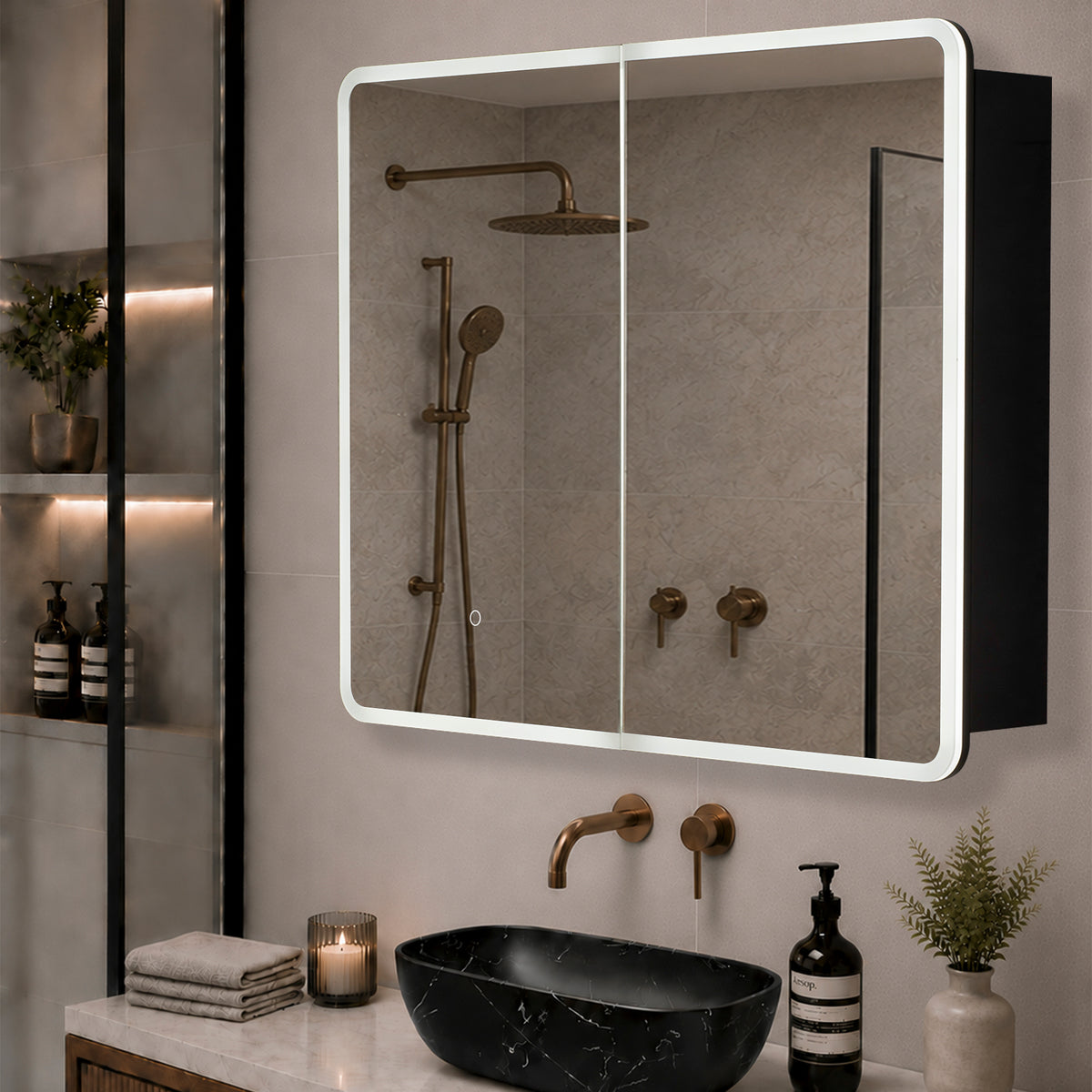 Retti Rectangular 900mm x 750mm Frontlit LED Mirrored Shaving Cabinet, Matte Black