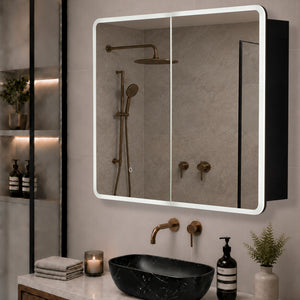 Retti Rectangular 900mm x 750mm Frontlit LED Mirrored Shaving Cabinet, Matte Black