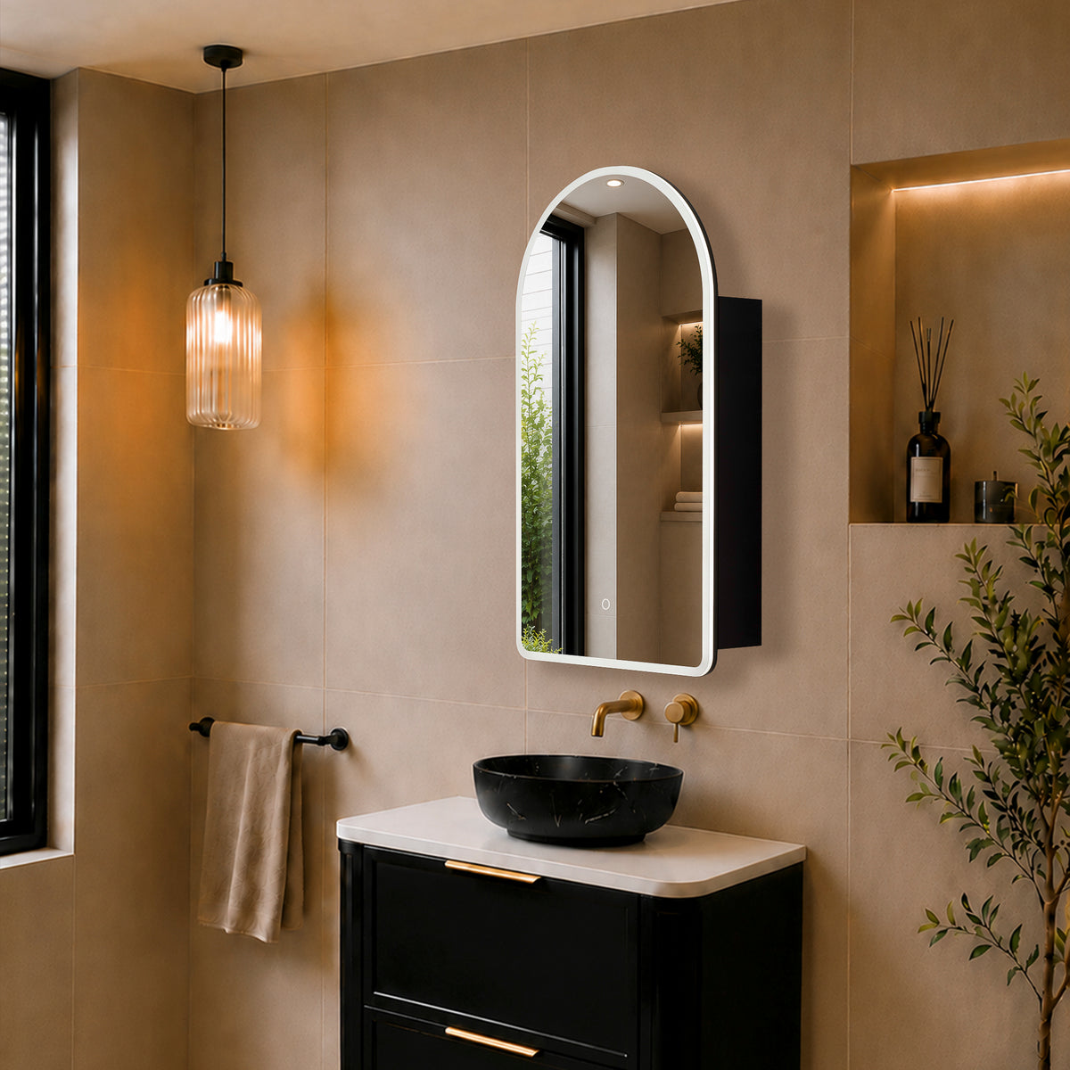 Arco Arch 550mm x 1000mm Frontlit LED Mirrored Shaving Cabinet, Matte Black