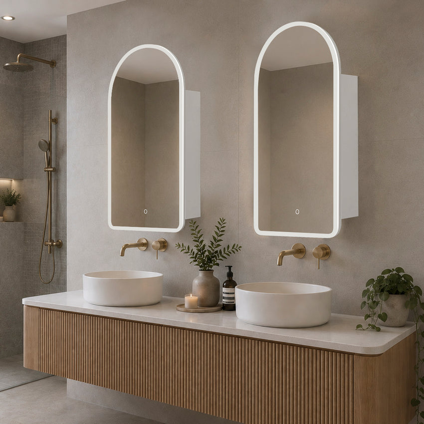 Arco Arch 550mm x 1000mm Frontlit LED Mirrored Shaving Cabinet, Matte White