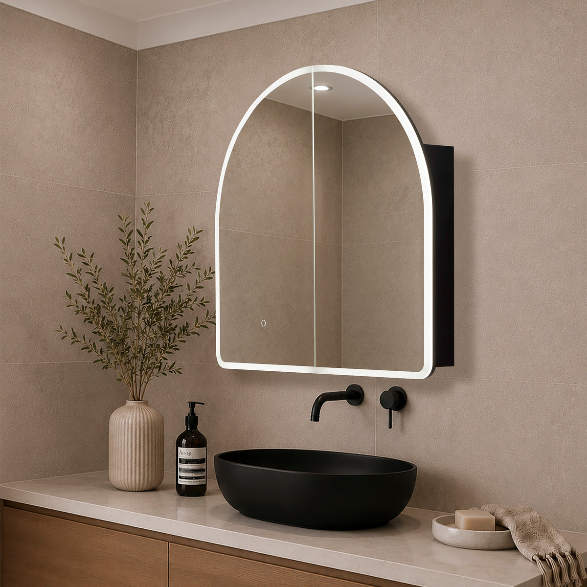 Arco Arch 800mm x 800mm Frontlit LED Mirrored Shaving Cabinet, Matte Black