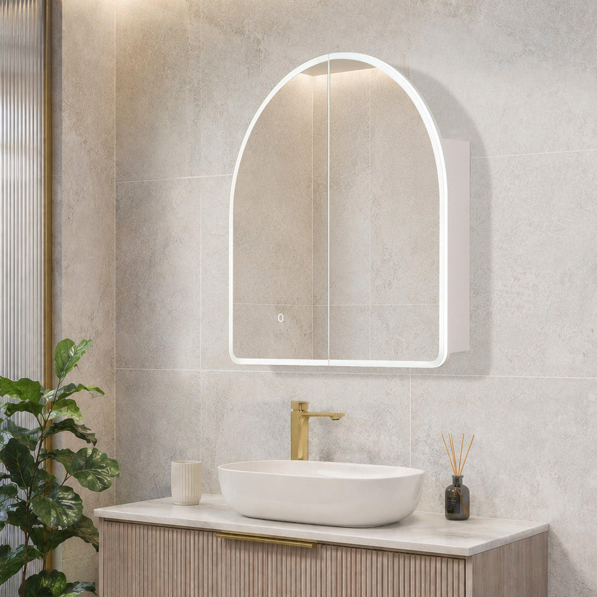 Arco Arch 850mm x 1000mm Frontlit LED Mirrored Shaving Cabinet, Matte White