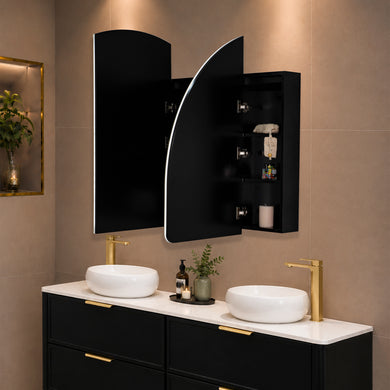 Arco Arch 1500mm x 1000mm Frontlit LED Mirrored Shaving Cabinet, Matte Black