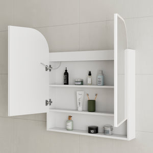 *Clearance* Tura Arch 800mm x 900mm Fronlit LED Mirrored Shaving Cabinet with Exposed Shelf, Matte White